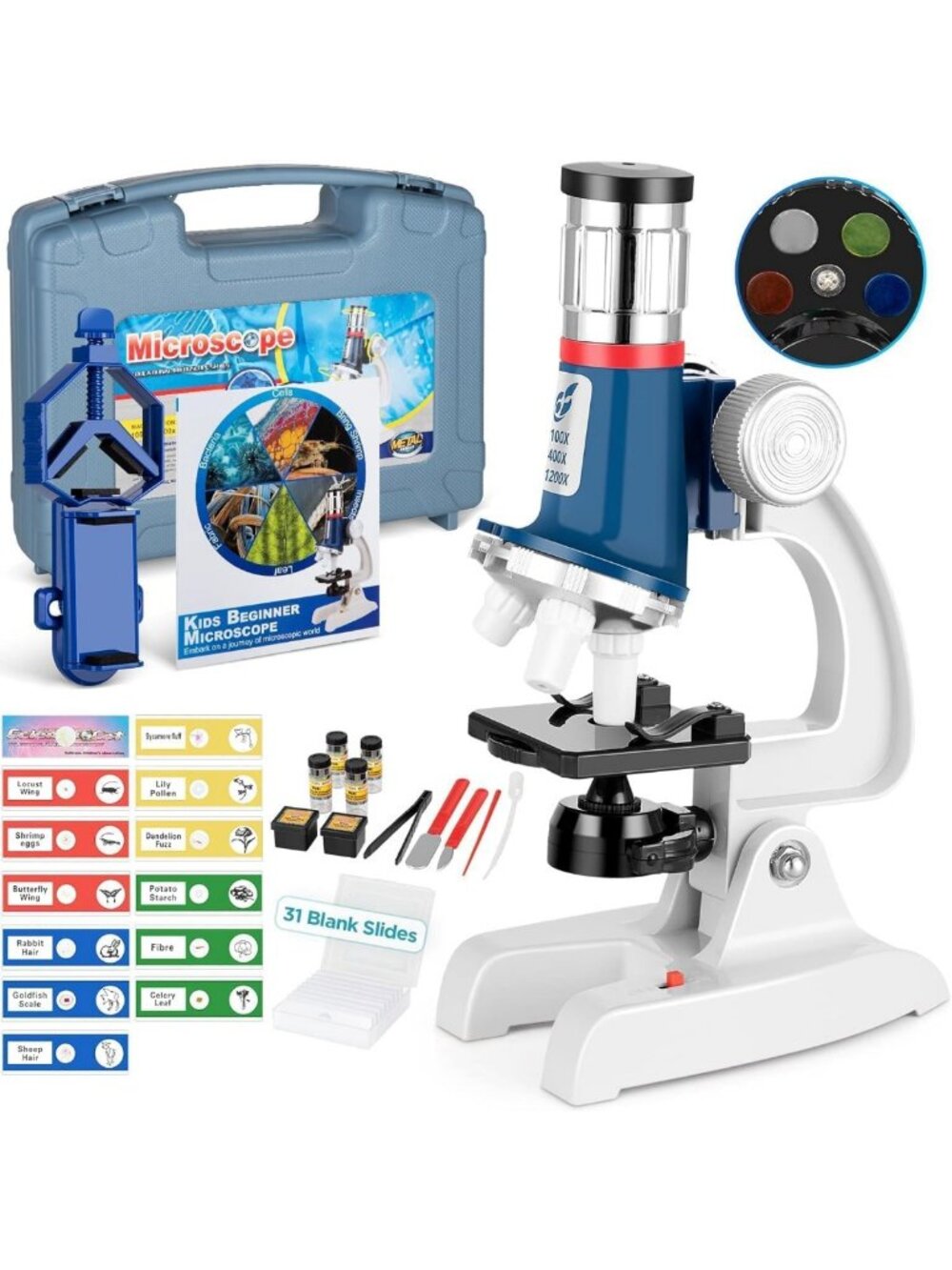 58-Piece Kids Microscope Kit with 100X-1200X Magnification & LED Light - Science